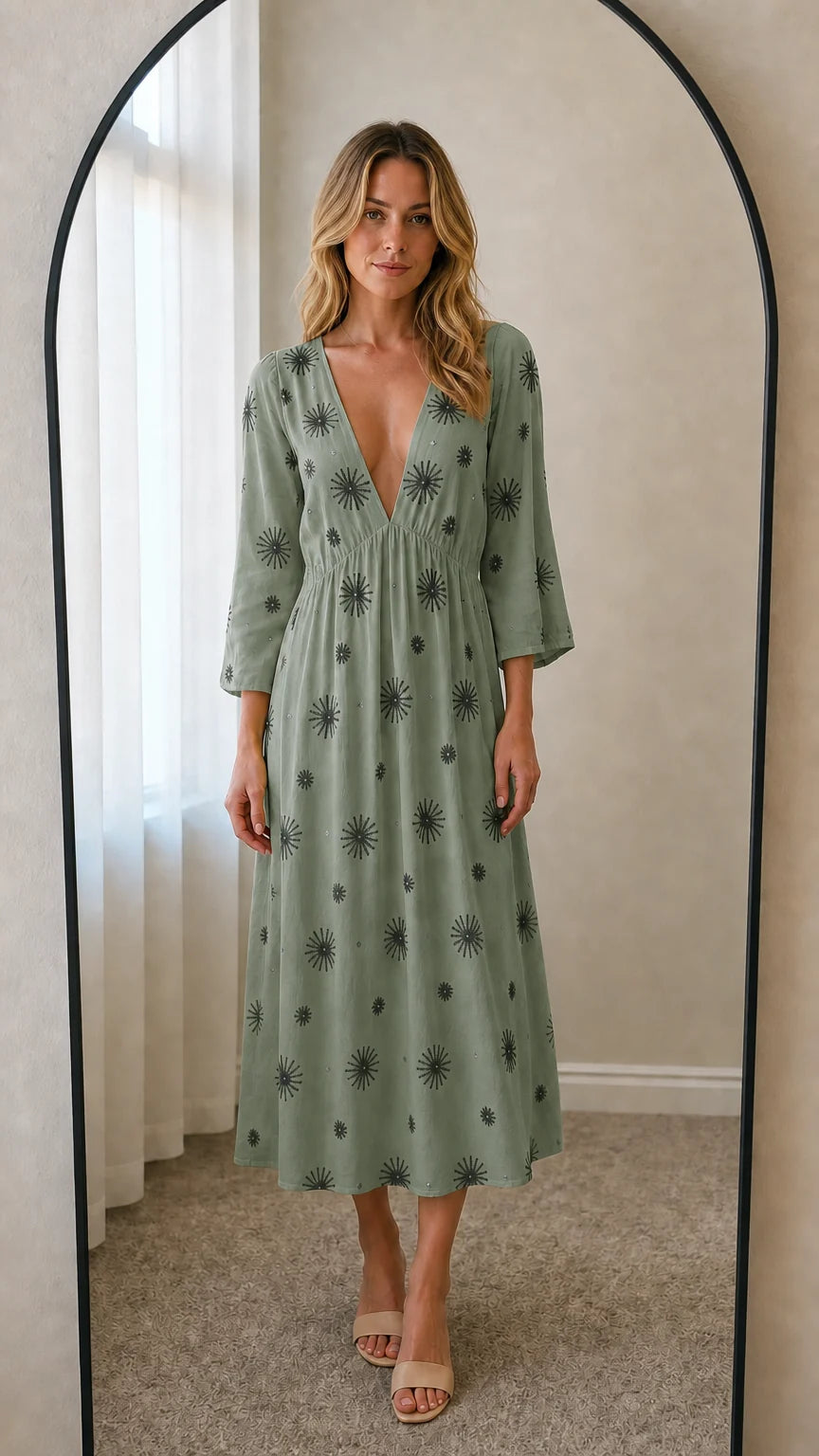 Front view of sage green embroidered midi dress
