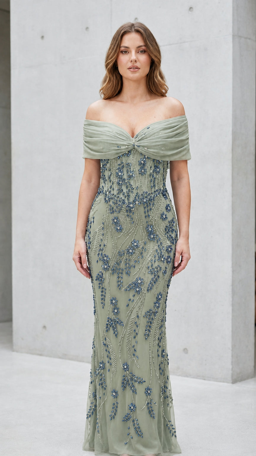 Sage Green variant of Off-Shoulder Beaded Evening Gown