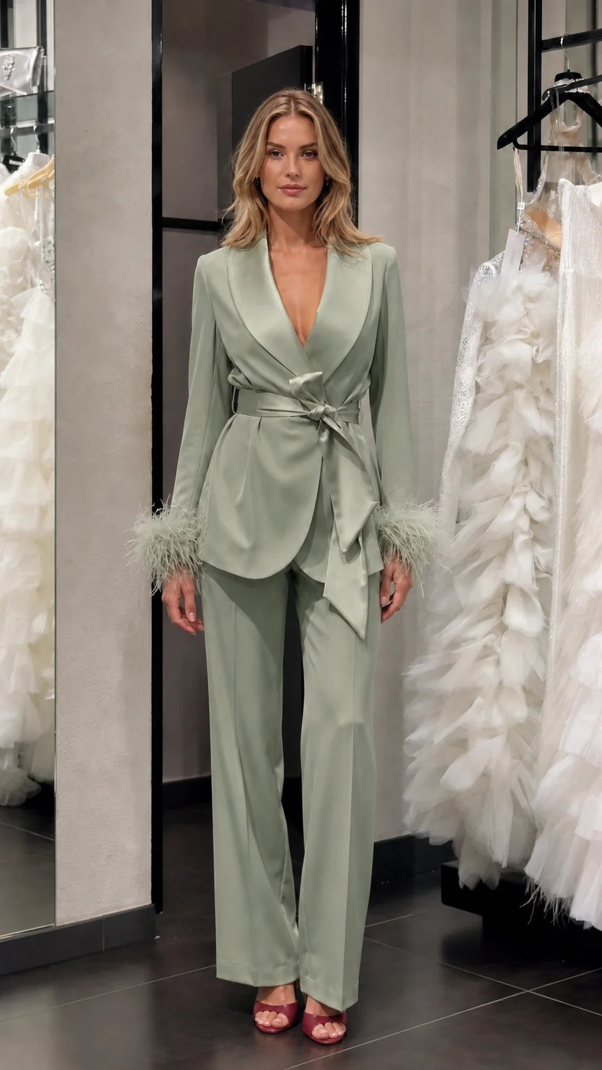 Model wearing sage green satin feather cuff pantsuit set