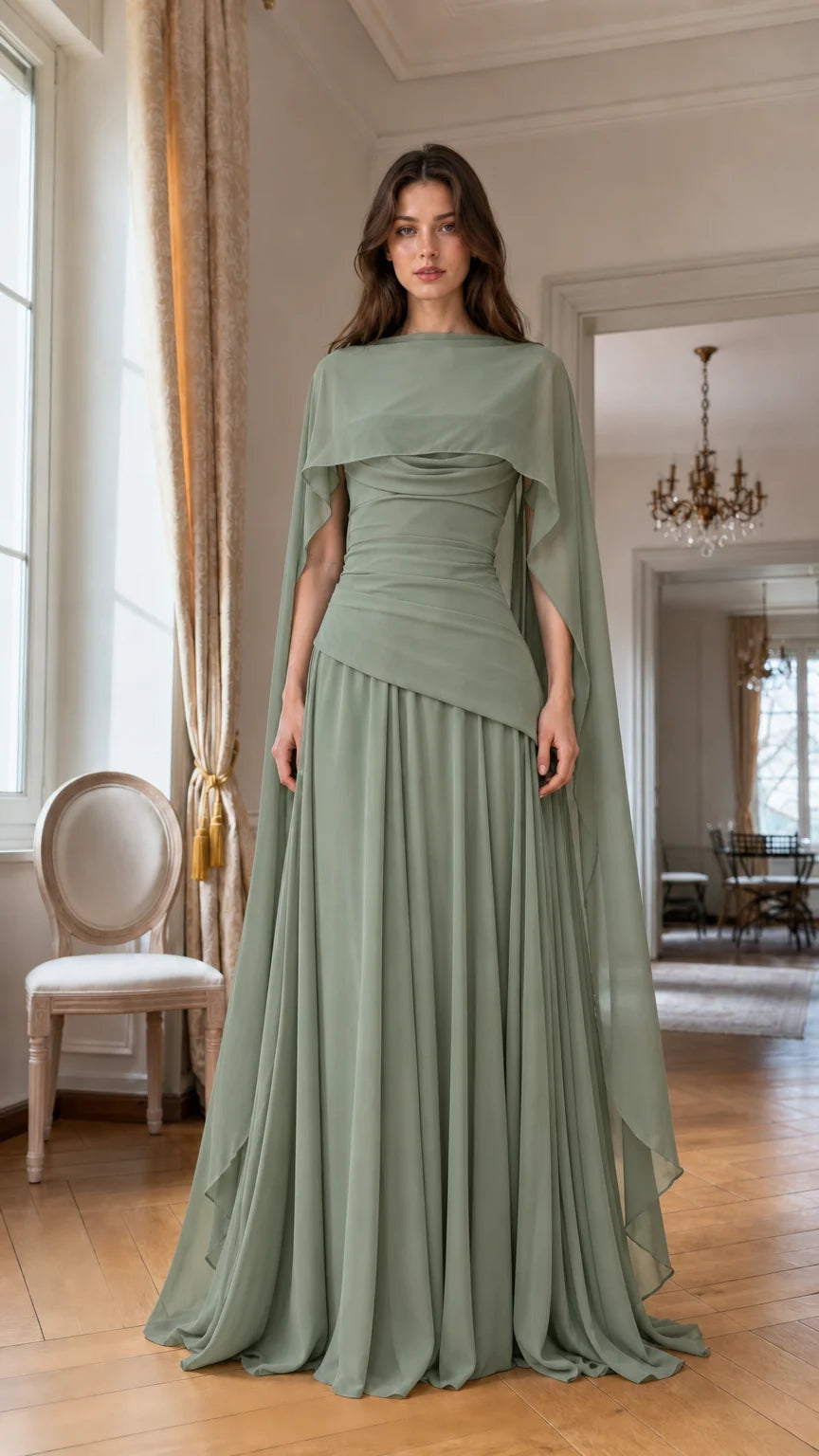 Full front view of Sage Green chiffon evening dress