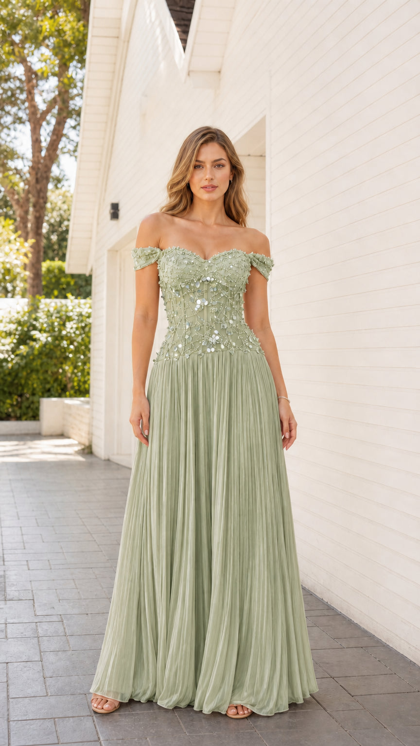 Front view of sage green beaded corset evening dress