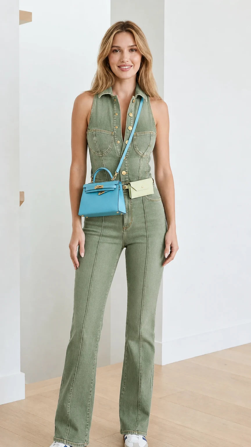 Model wearing green denim flare jumpsuit