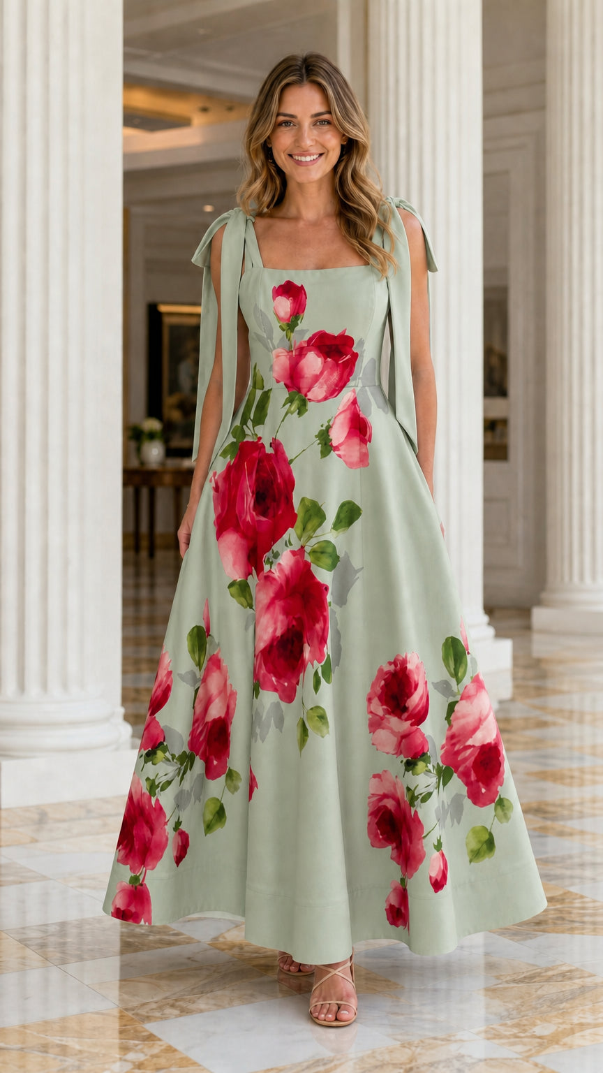 Model wearing sage green floral print tie-strap maxi dress