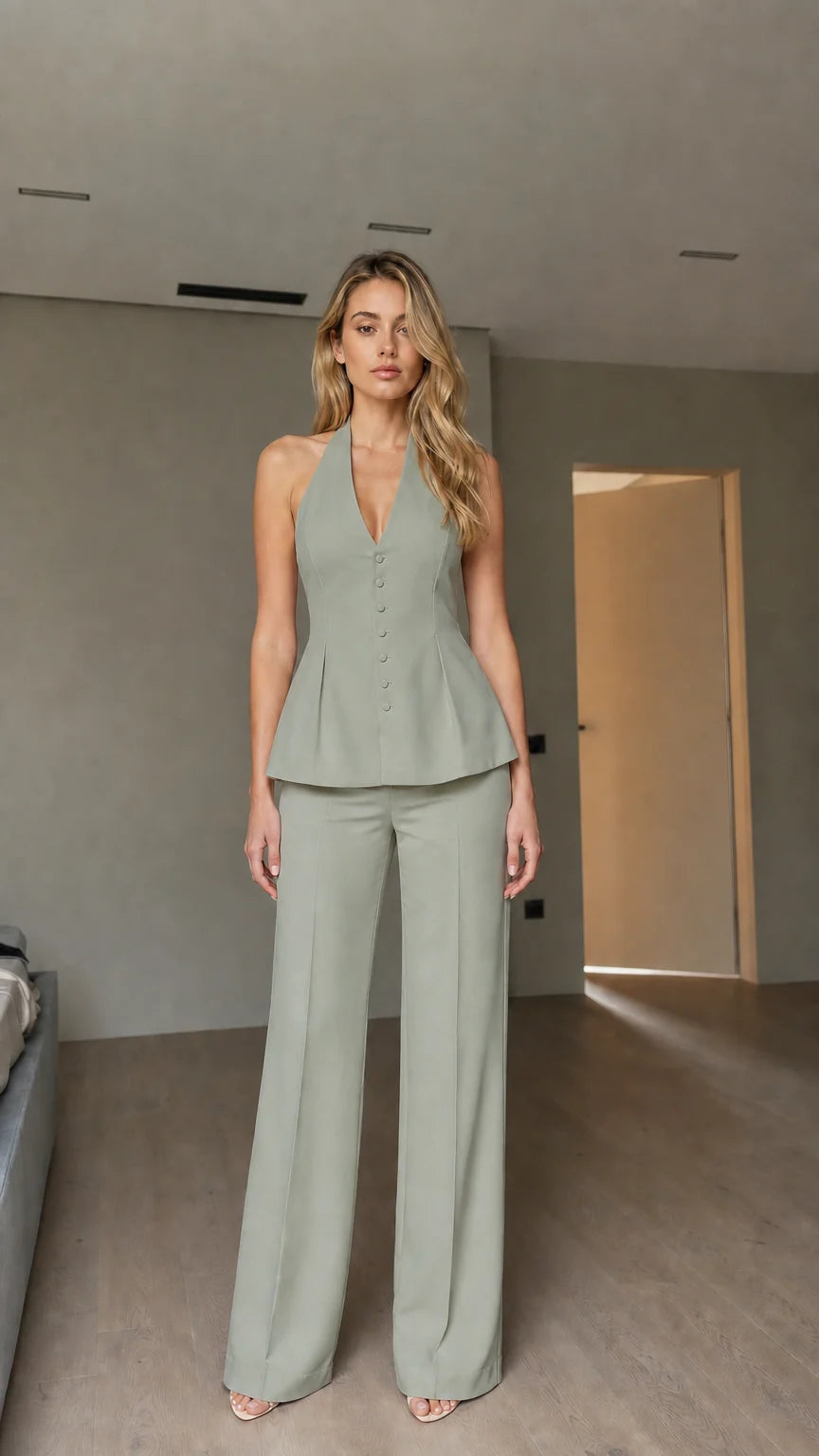 Model wearing sage halter peplum vest and wide-leg pants set