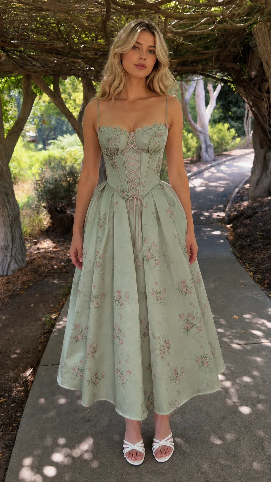 Front view of sage green floral lace-up corset midi dress