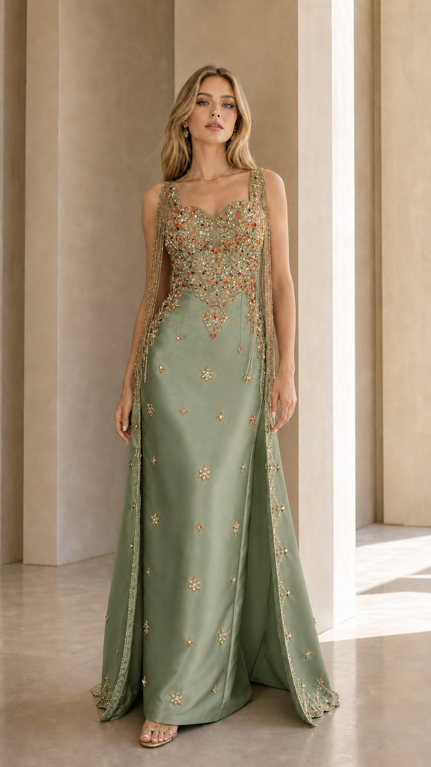 Sage Green variant of the embellished evening gown