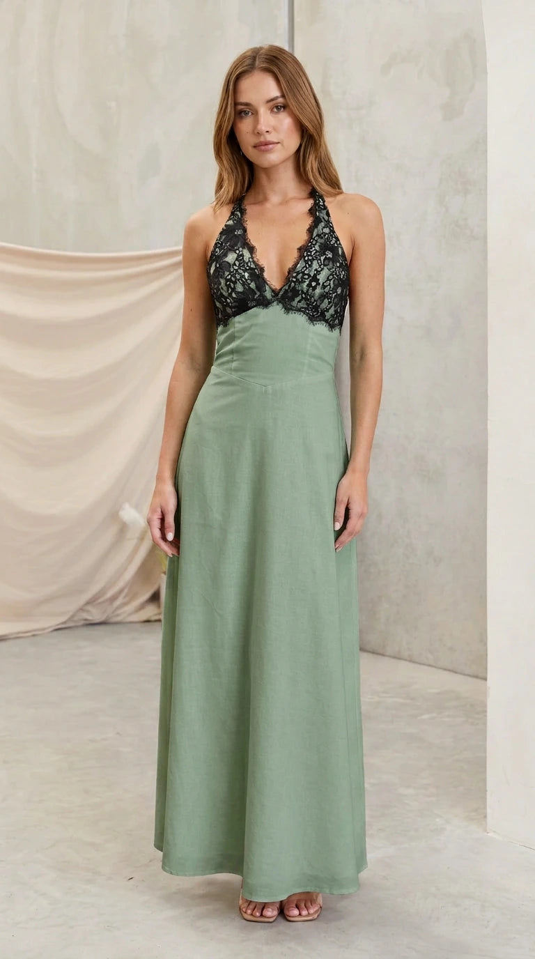 Model wearing sage green halter maxi dress with black lace bust