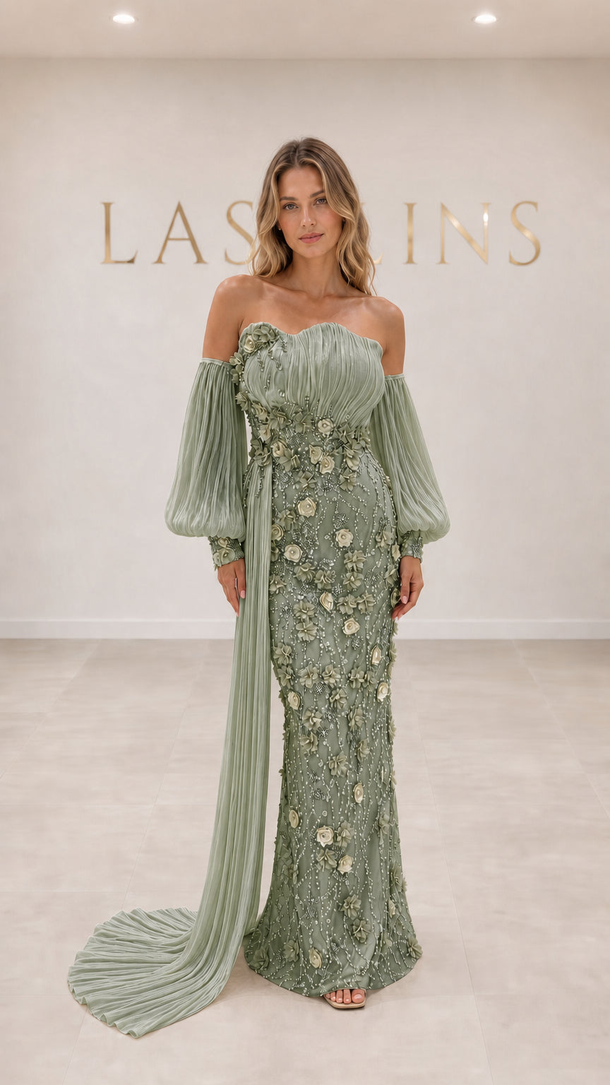 Sage green beaded 3D floral off-the-shoulder maxi gown with pleated side drape