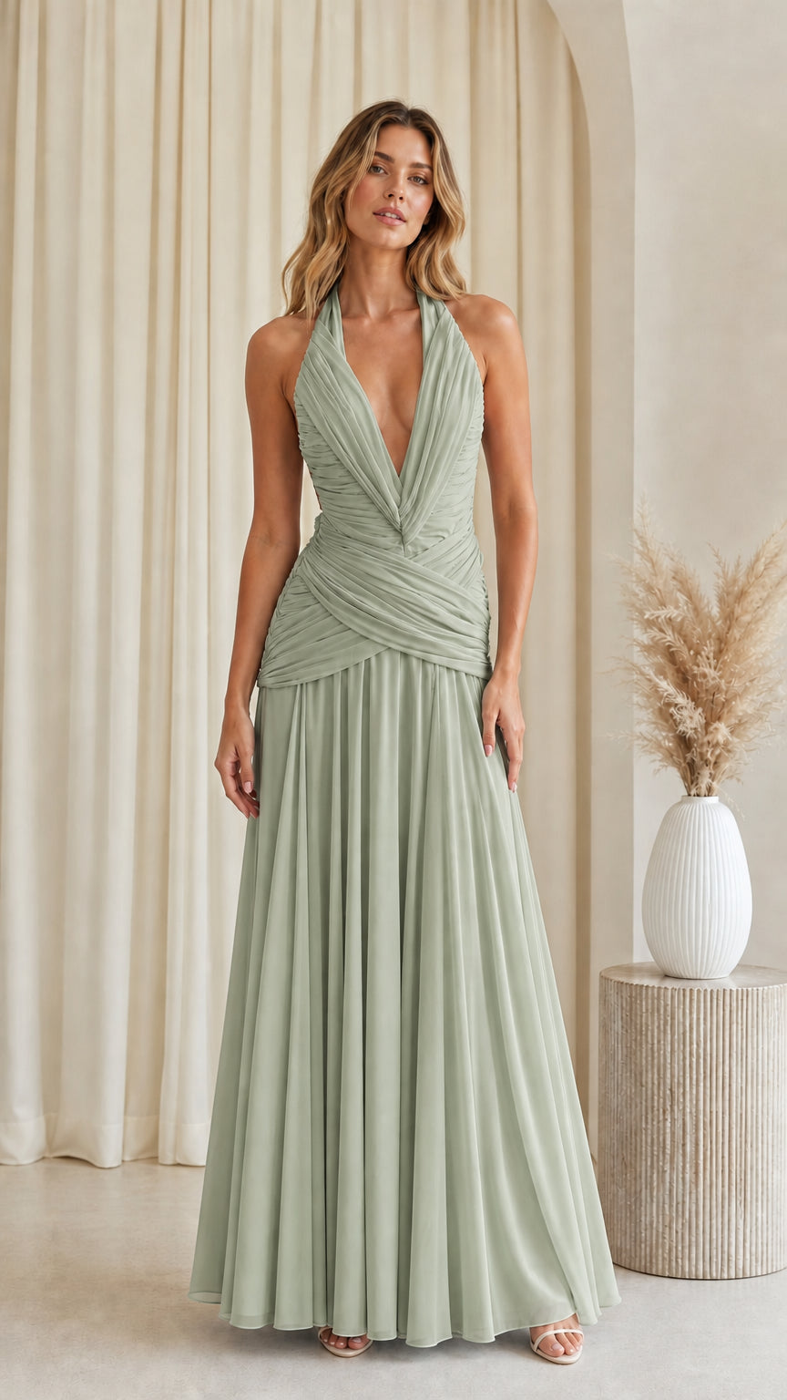 Front view of sage green halter plunging ruched pleated maxi dress