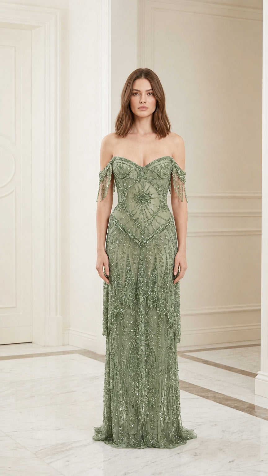 Model wearing sage green beaded evening gown, front view
