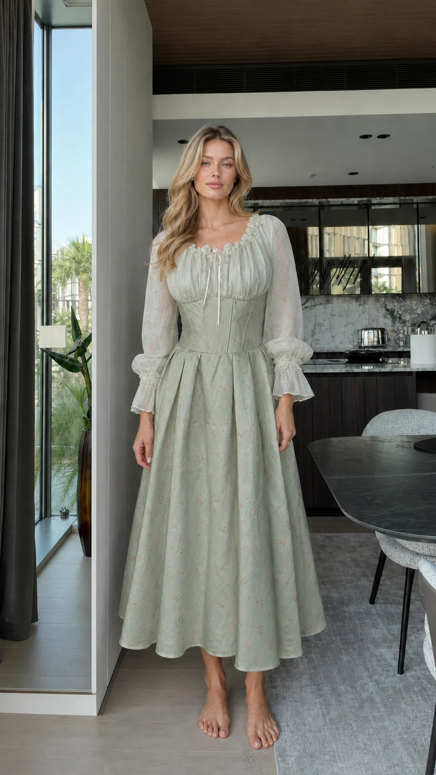 Full front view of model wearing sage green vintage corset midi dress