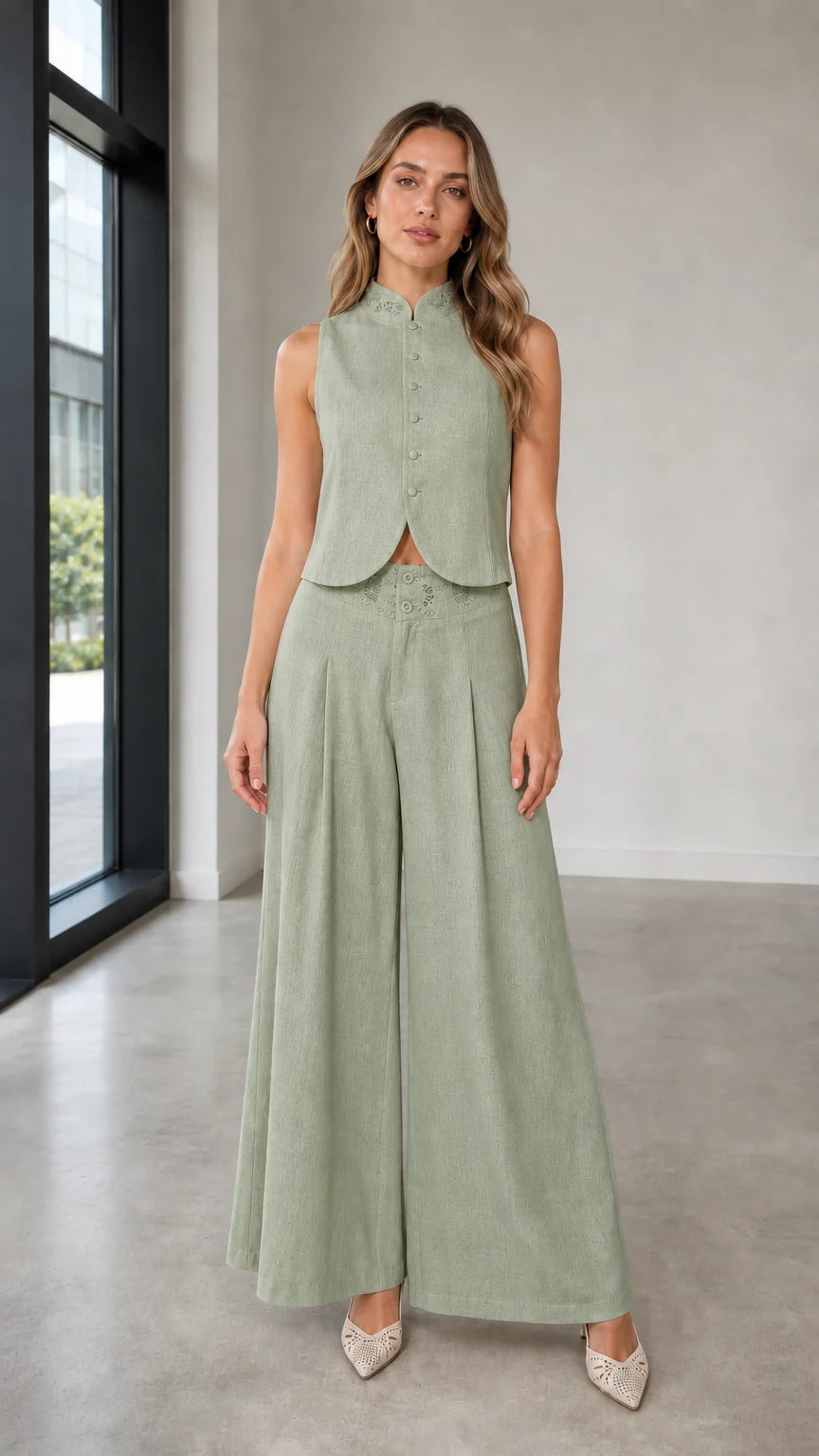 Full-body view of woman in sage green two-piece set