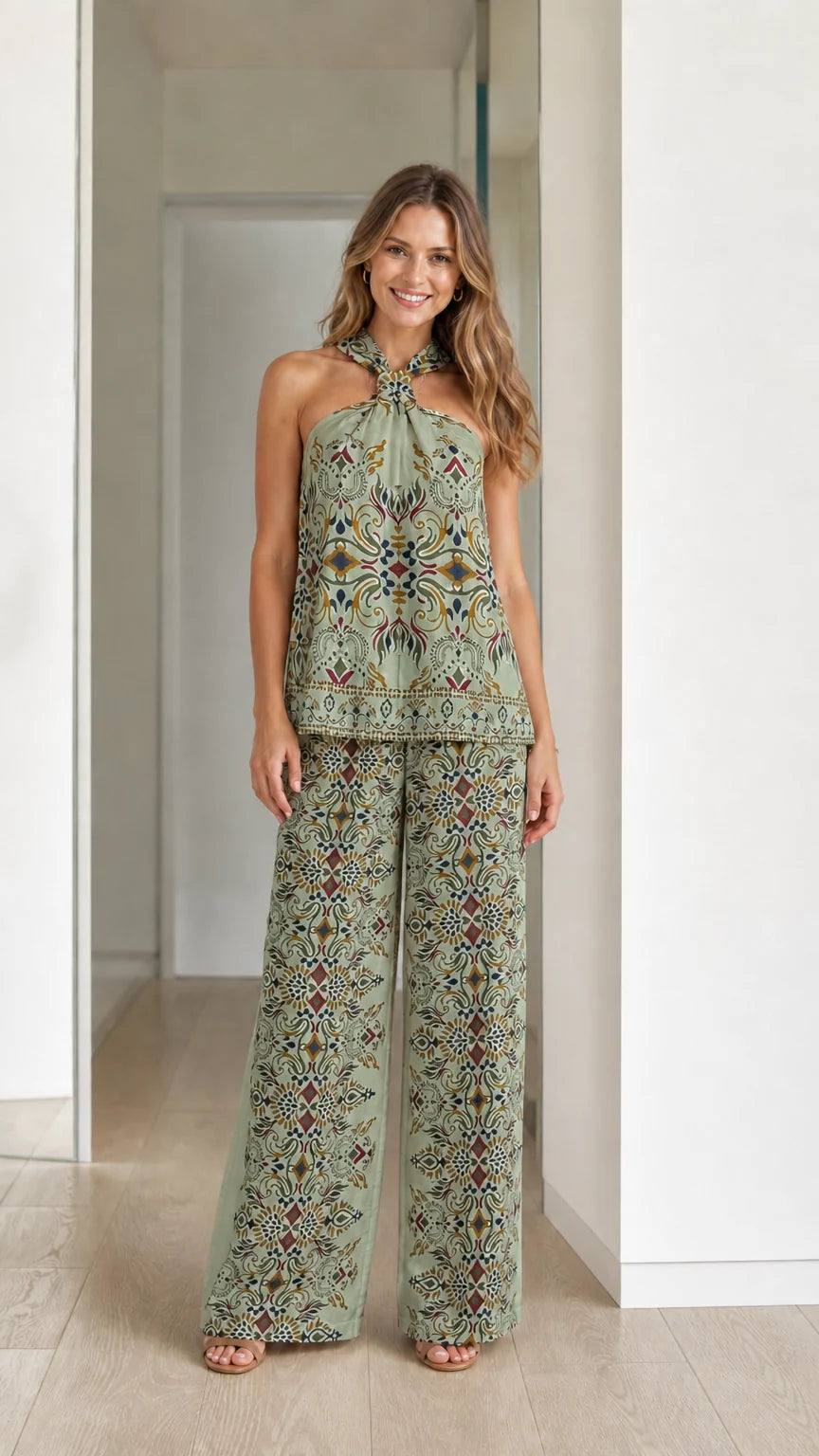 Model wearing sage green boho printed two-piece set