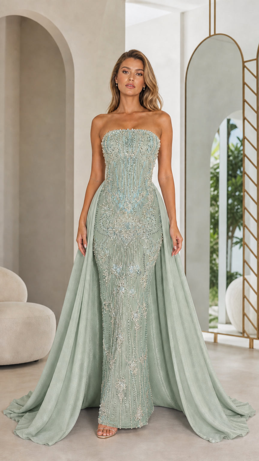 Sage green variant of strapless beaded mermaid evening gown with overskirt