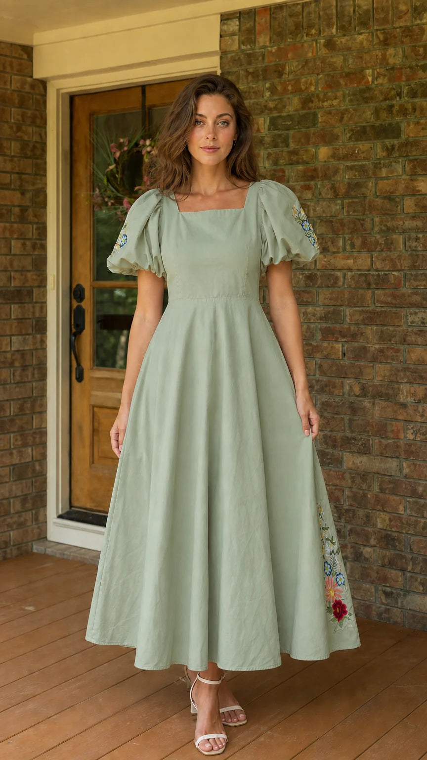 Front view of woman wearing sage green embroidered puff sleeve midi dress