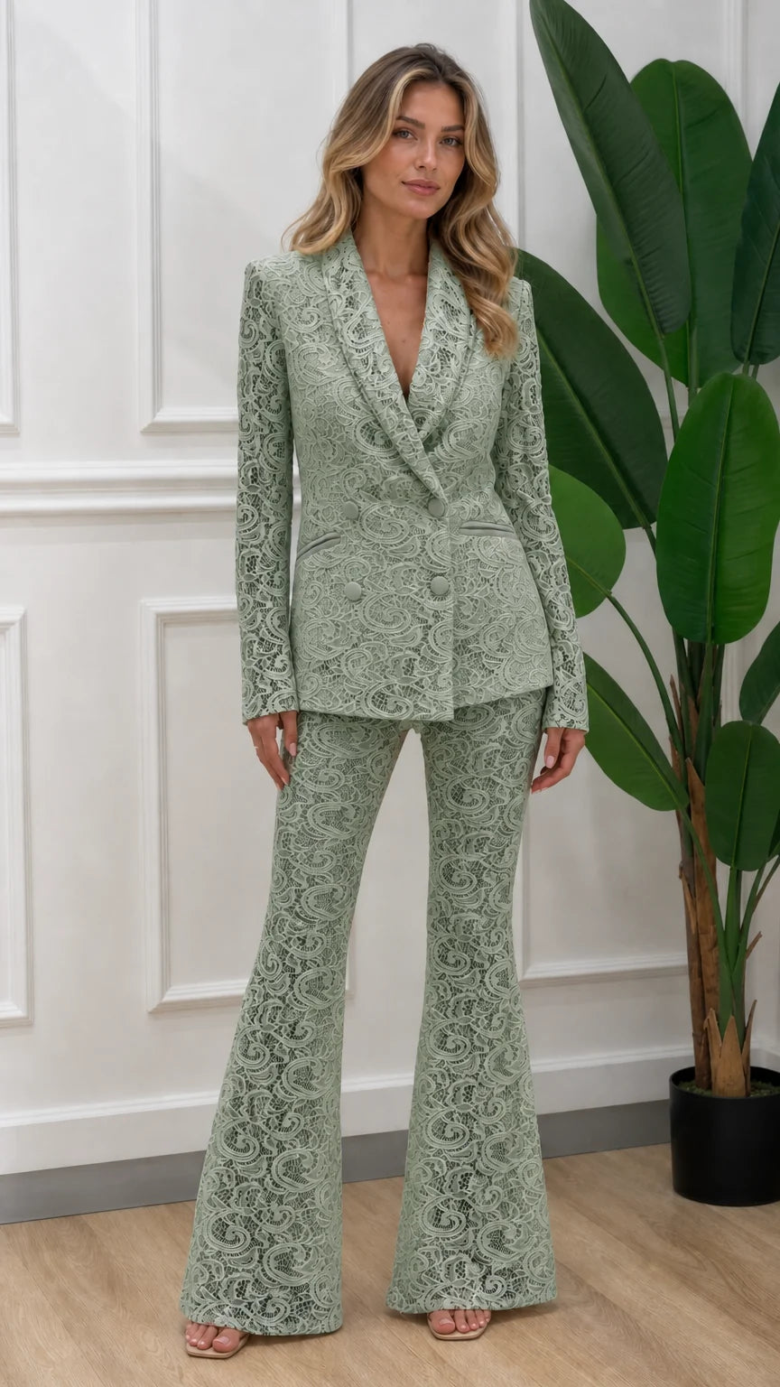 Full length front view of sage green lace suit