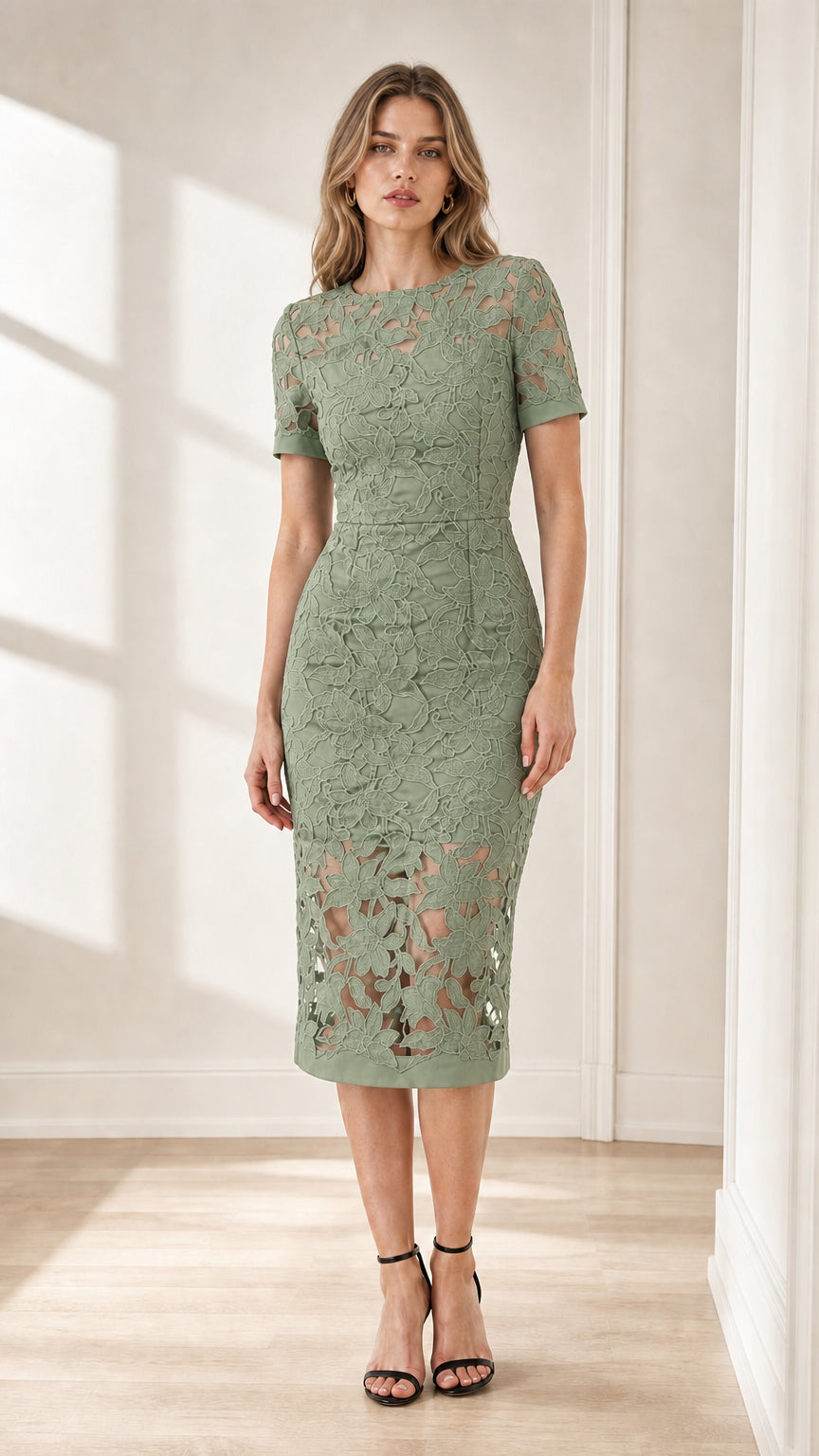 Front view of model wearing sage green floral lace midi dress