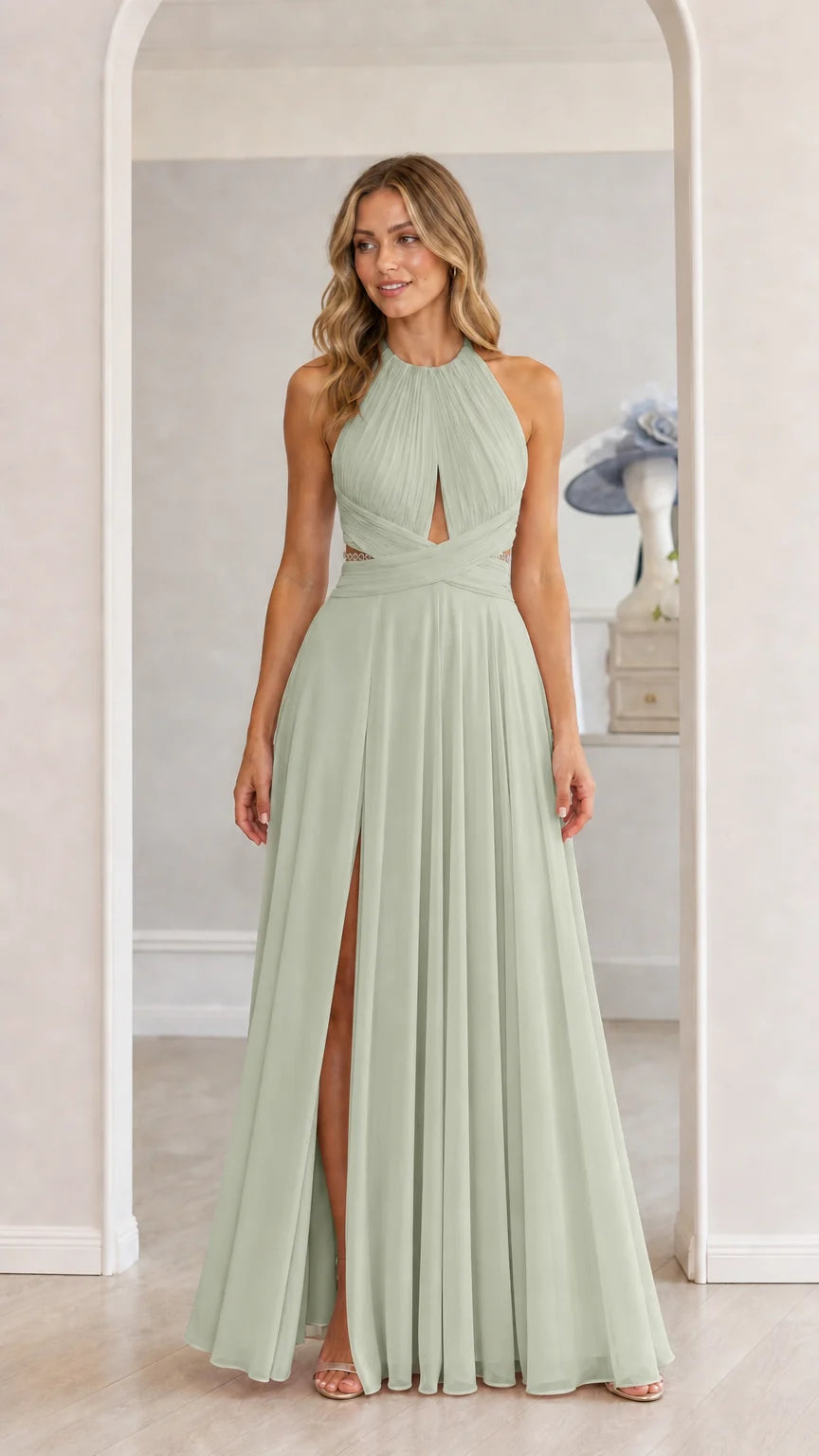 Model wearing sage green chiffon halter maxi dress with front slit