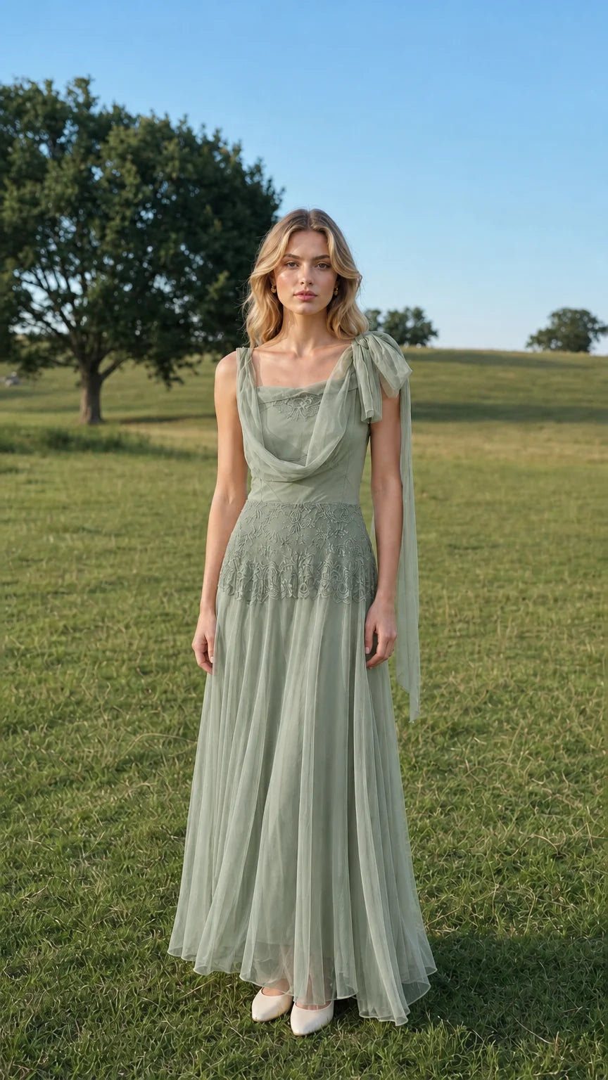 Front view of model wearing sage green tulle maxi dress