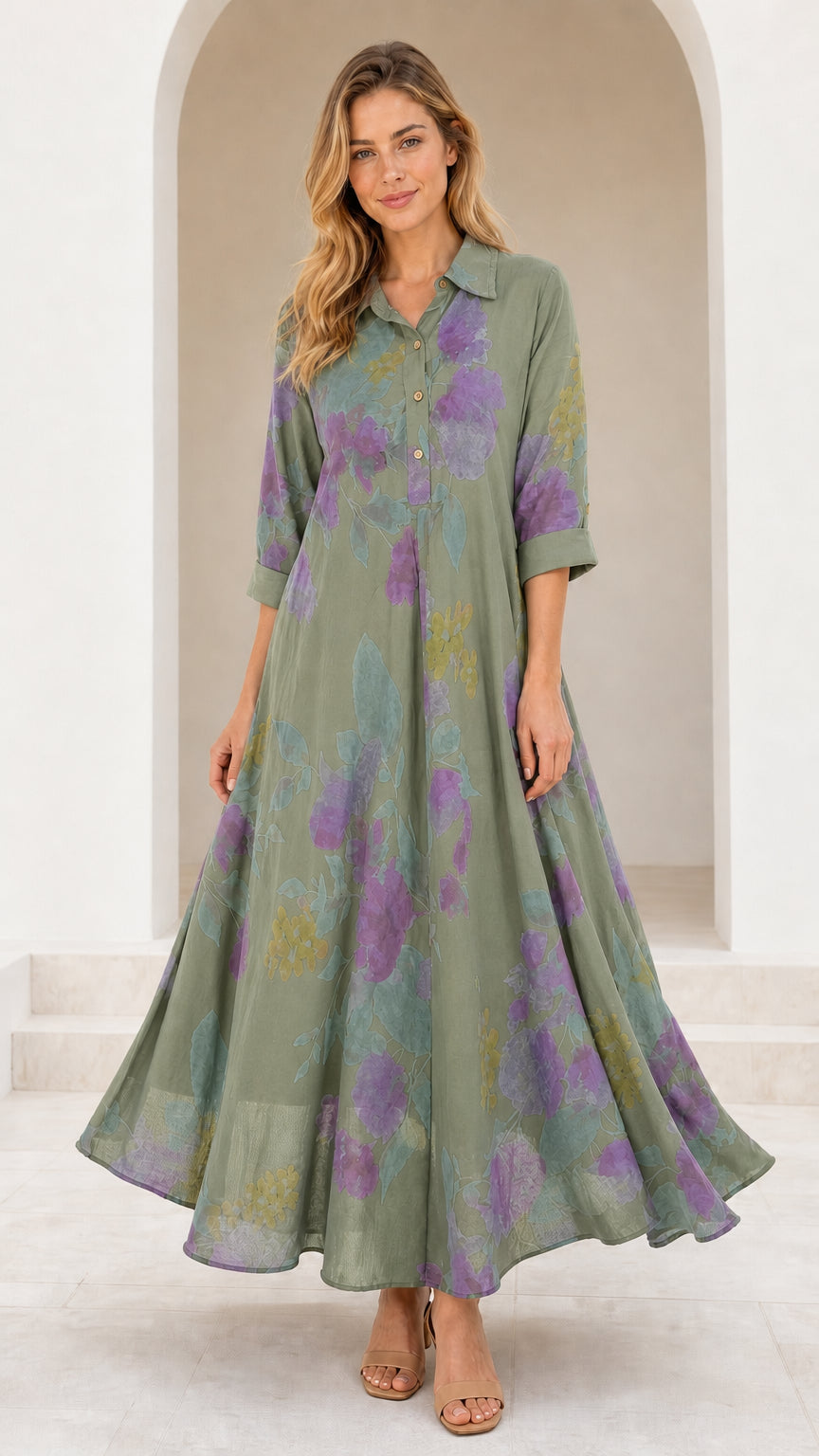 Front view of model wearing Sage Green floral collared maxi dress