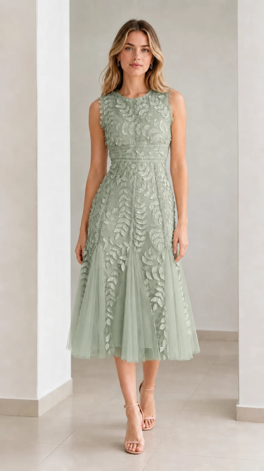 Front view of model wearing sage green embroidered leaf applique midi dress
