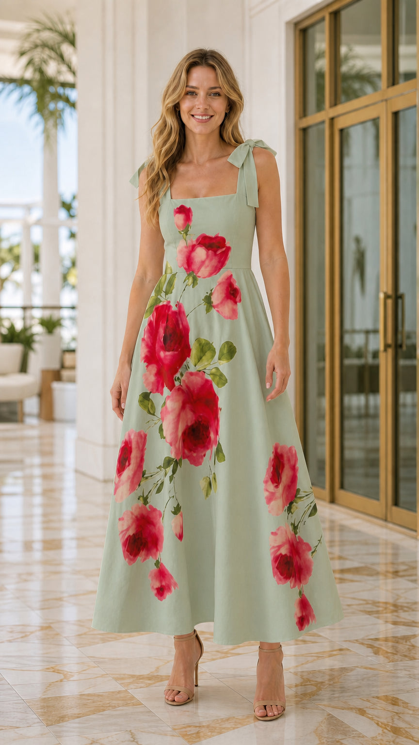 Front view of woman wearing sage green floral maxi dress