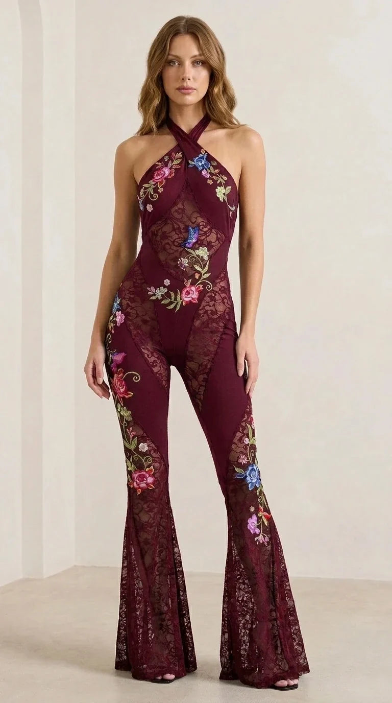 Burgundy color variant of the floral embroidered lace jumpsuit