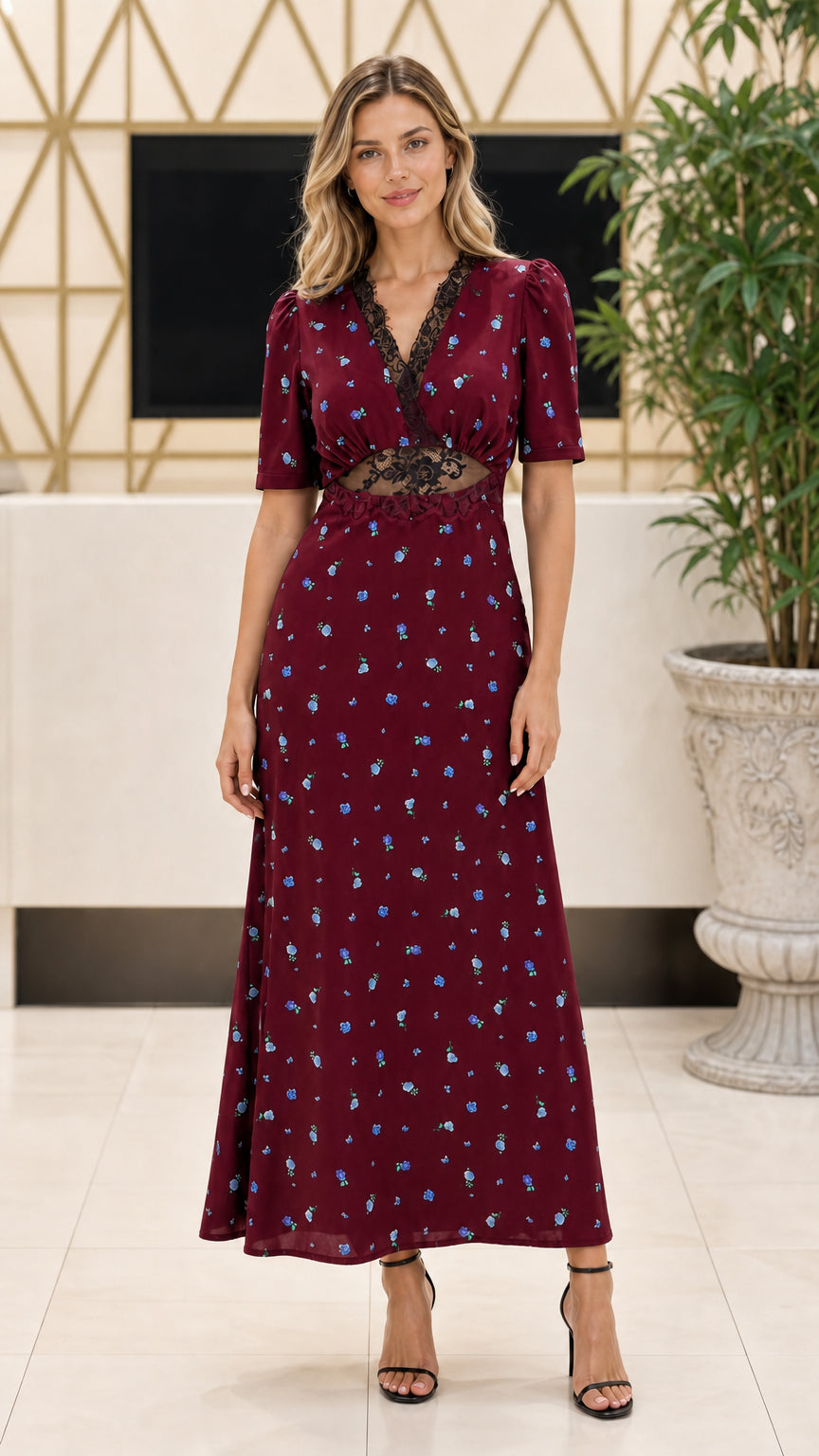 Model wearing Burgundy floral print maxi dress with lace detailing