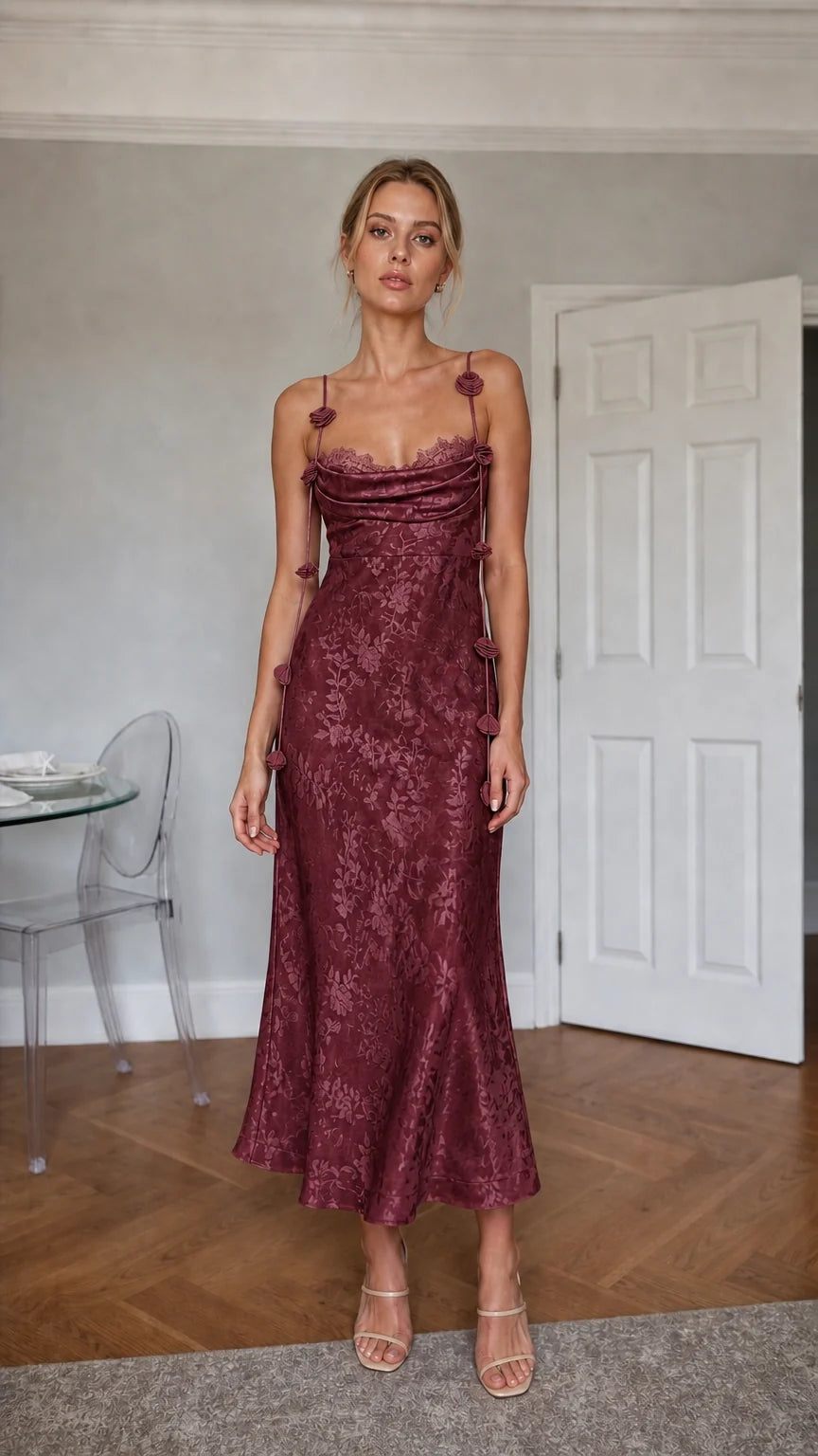 Burgundy satin floral midi dress front view