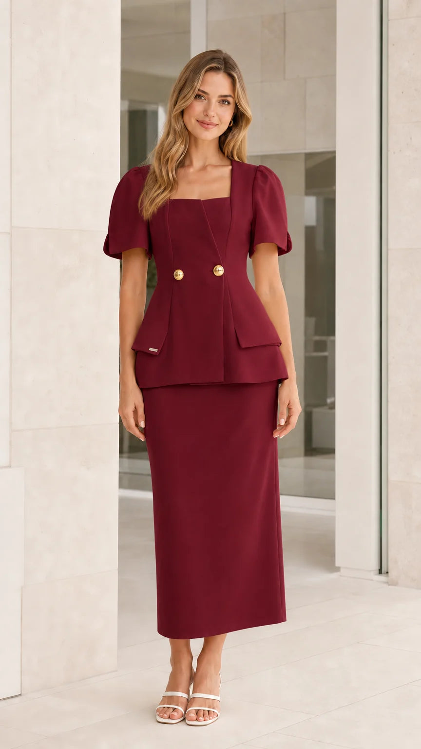 Front view of burgundy skirt set