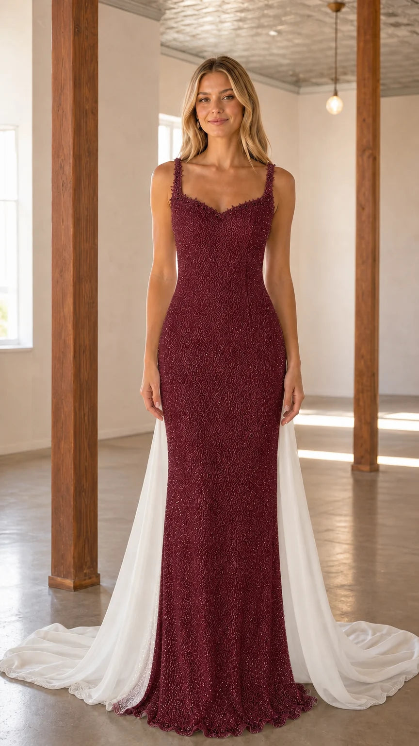 Front view of burgundy evening gown variant