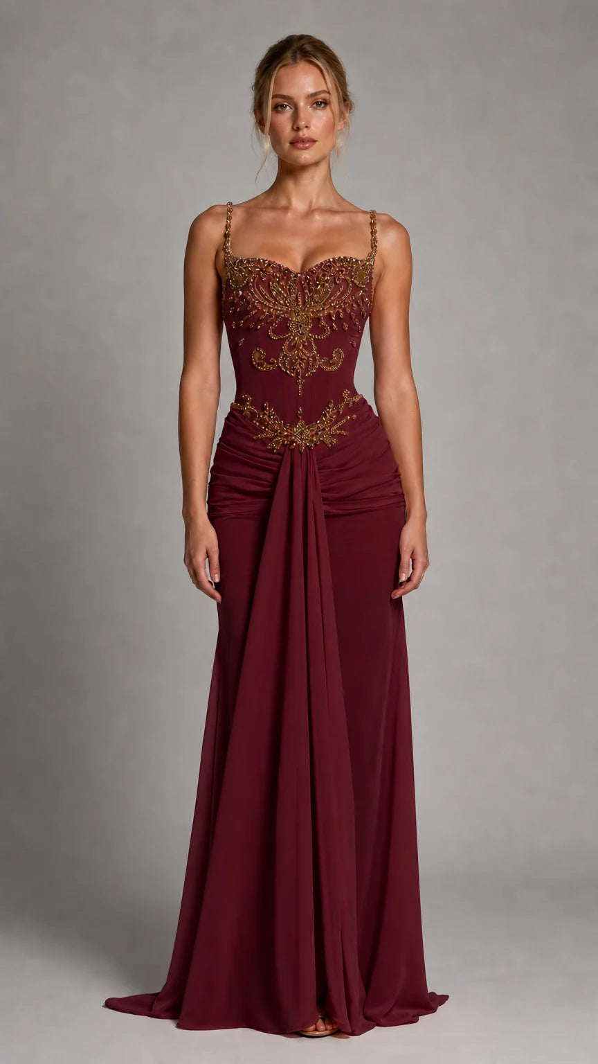 Front view of burgundy evening gown variant