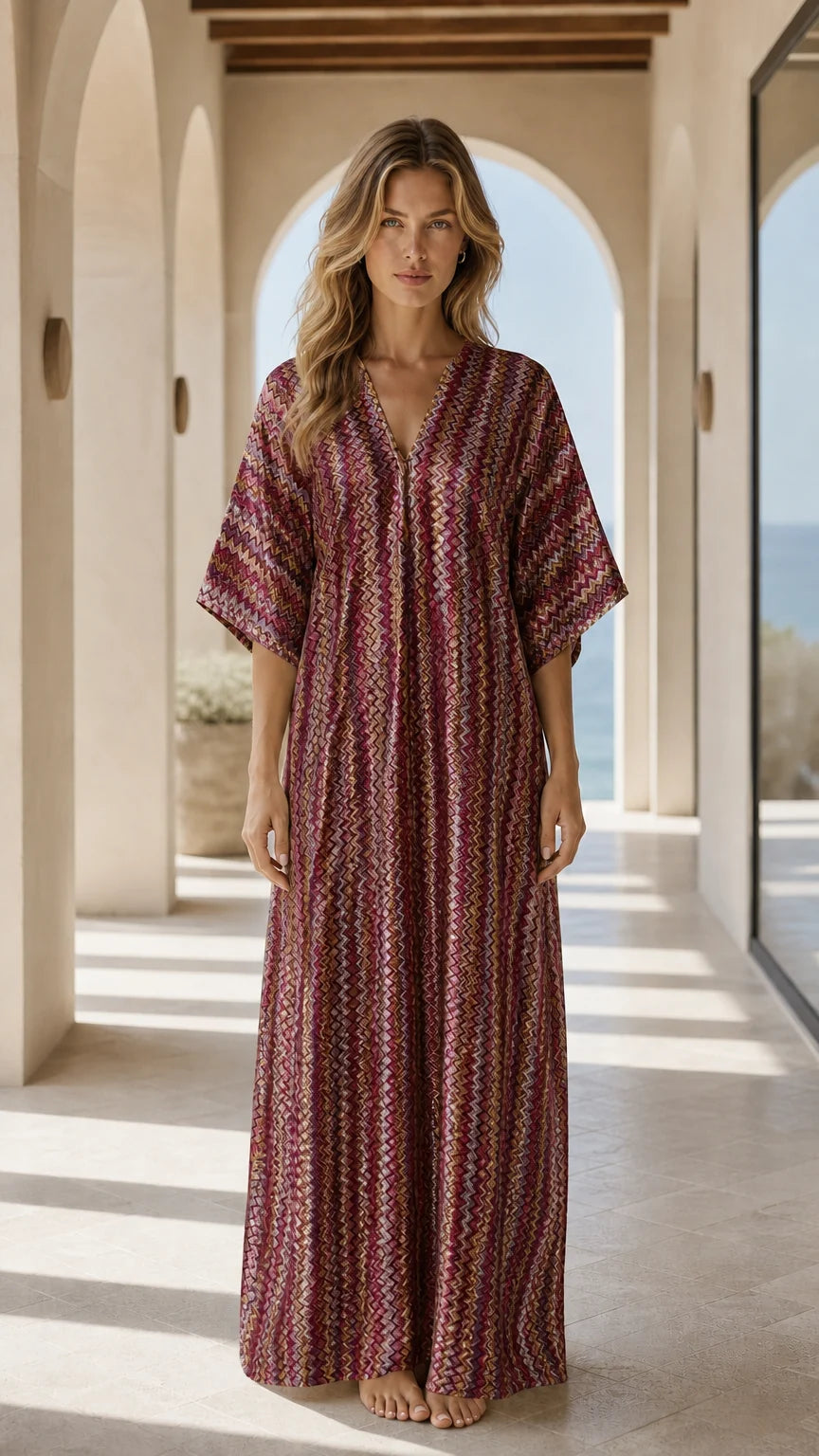 Front view of woman wearing burgundy chevron kaftan dress
