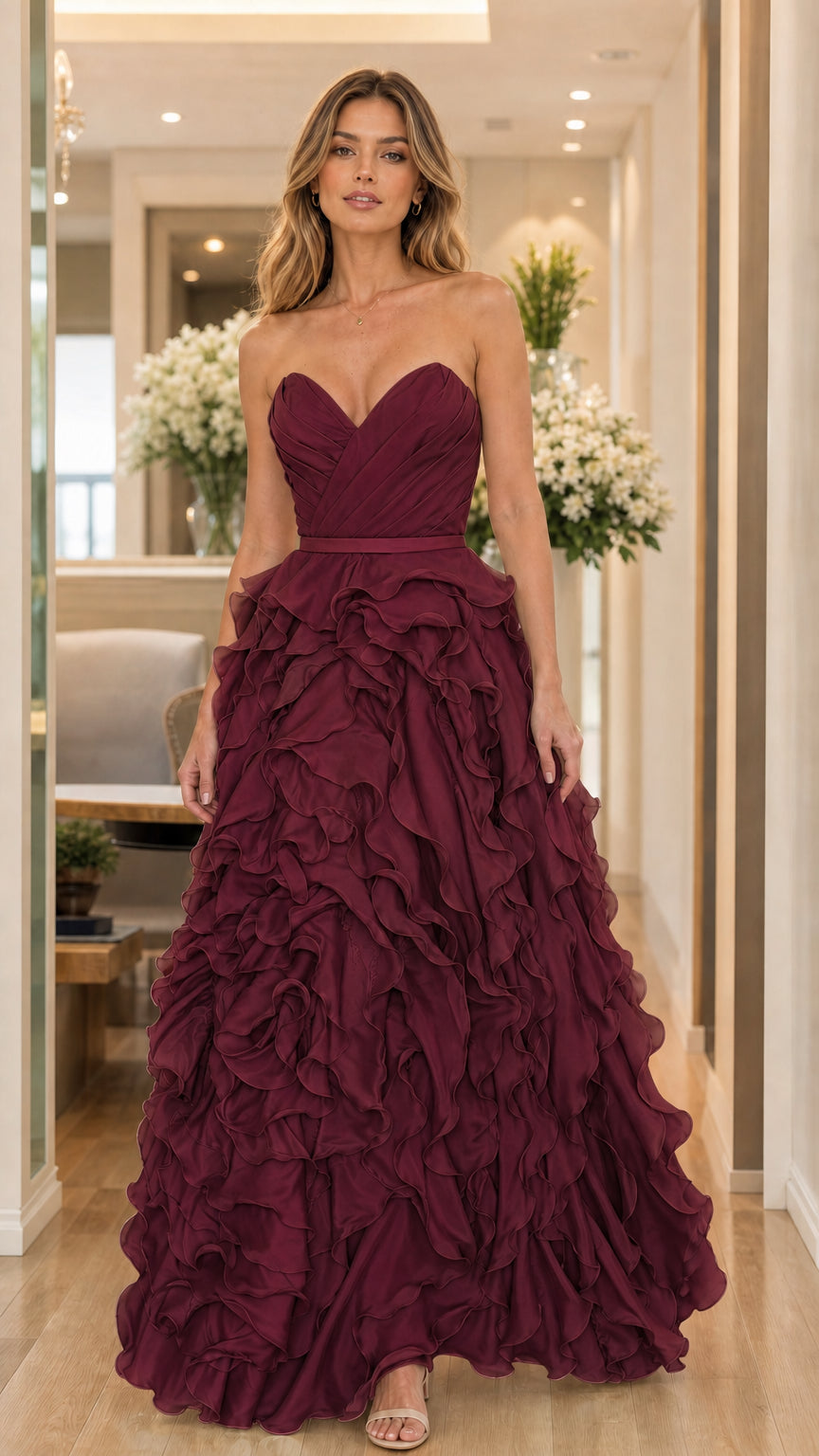 Model wearing burgundy strapless ruffled evening dress