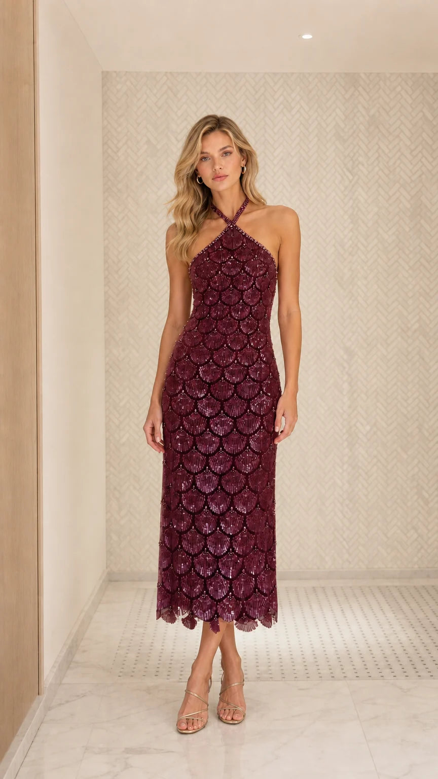 Front view of model wearing burgundy sequin halter midi dress
