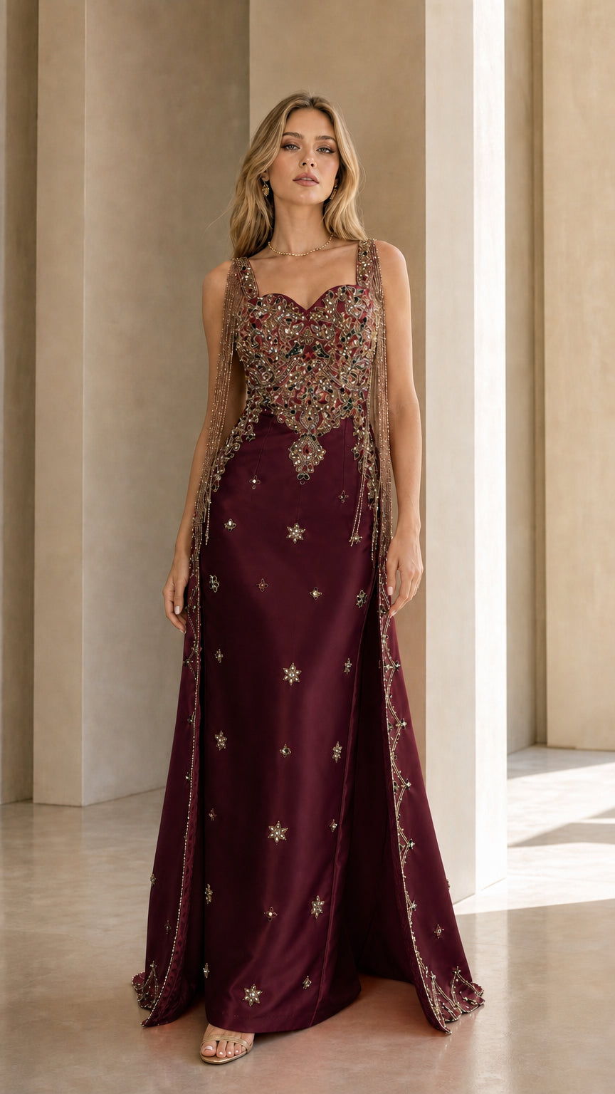Burgundy variant of the embellished evening gown