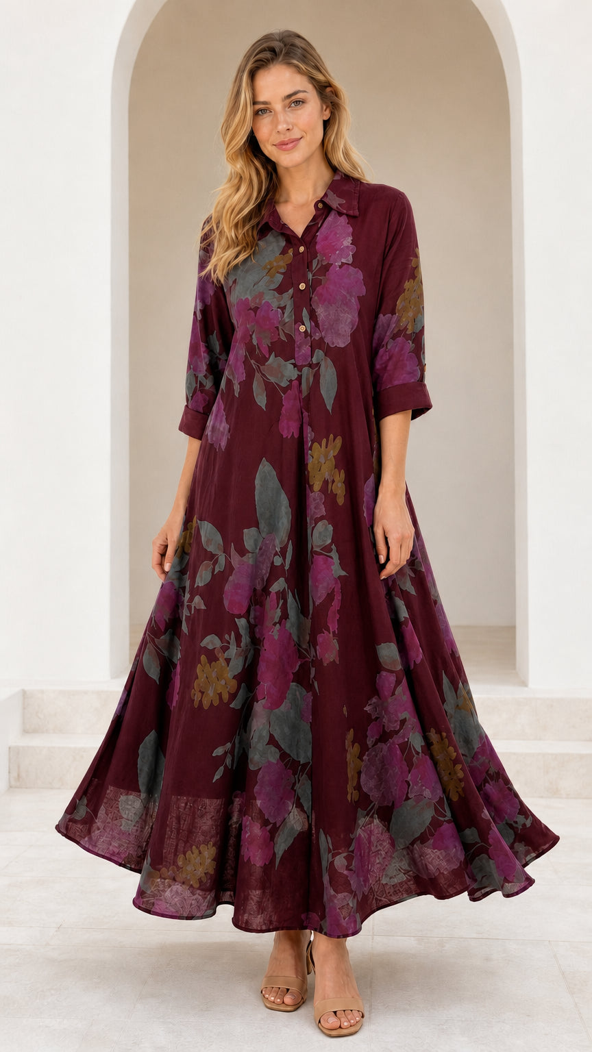 Front view of model wearing Burgundy floral collared maxi dress