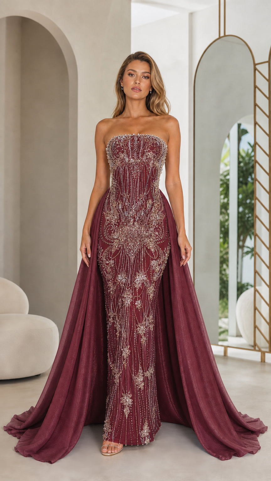 Burgundy variant of strapless beaded mermaid evening gown with overskirt