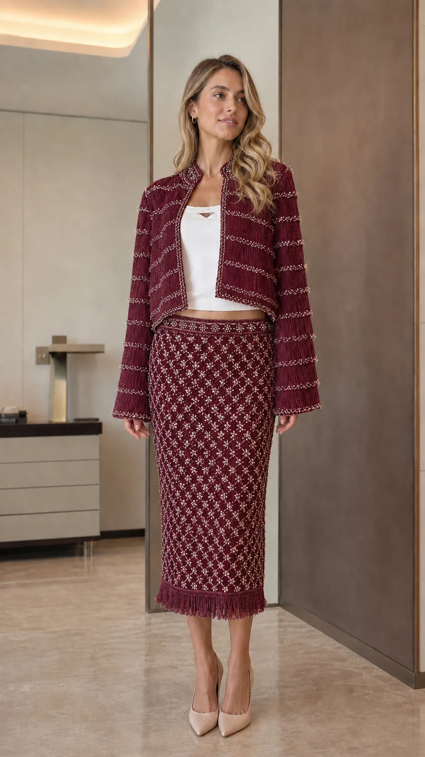 Model wearing burgundy tweed crop jacket and midi skirt set