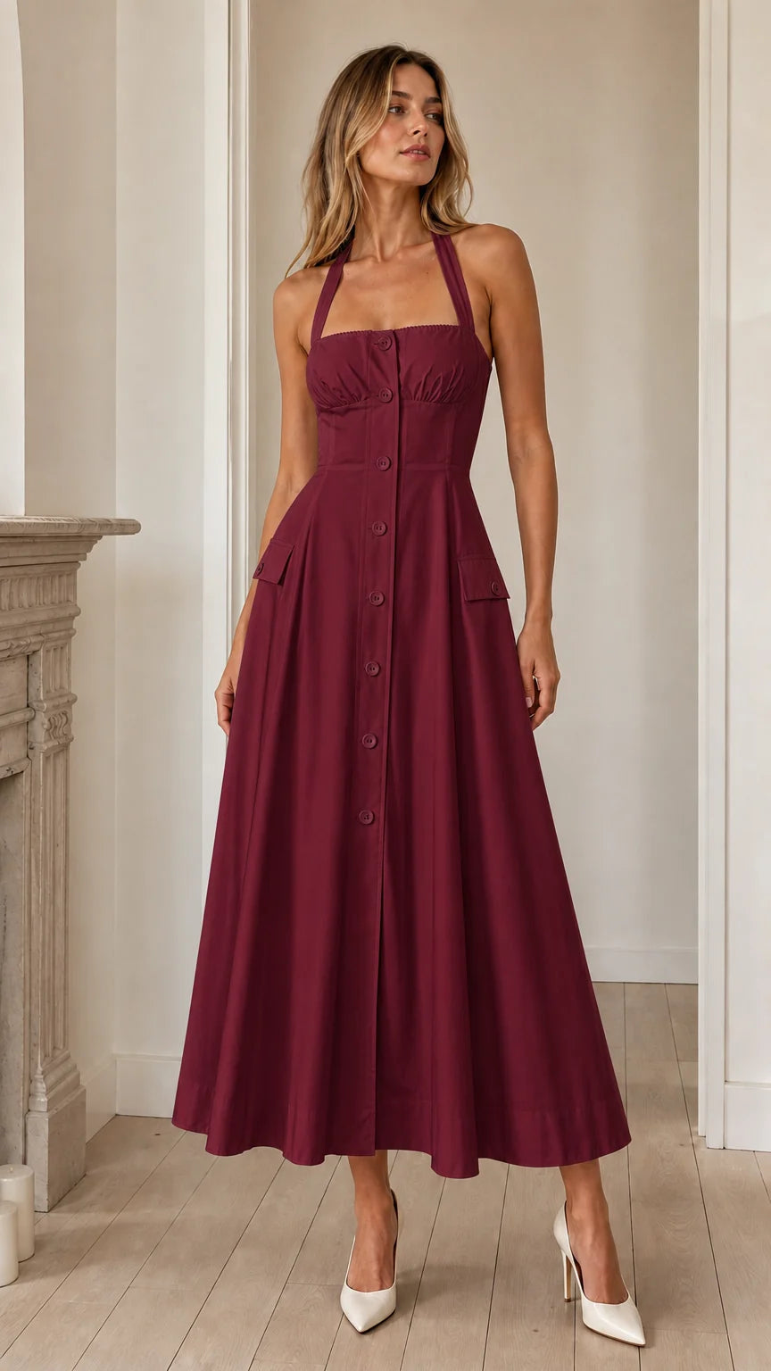 Front view of burgundy halter midi dress variant