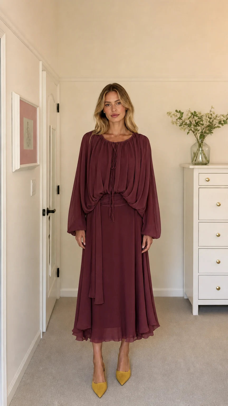 Model wearing burgundy long-sleeve pleated midi dress
