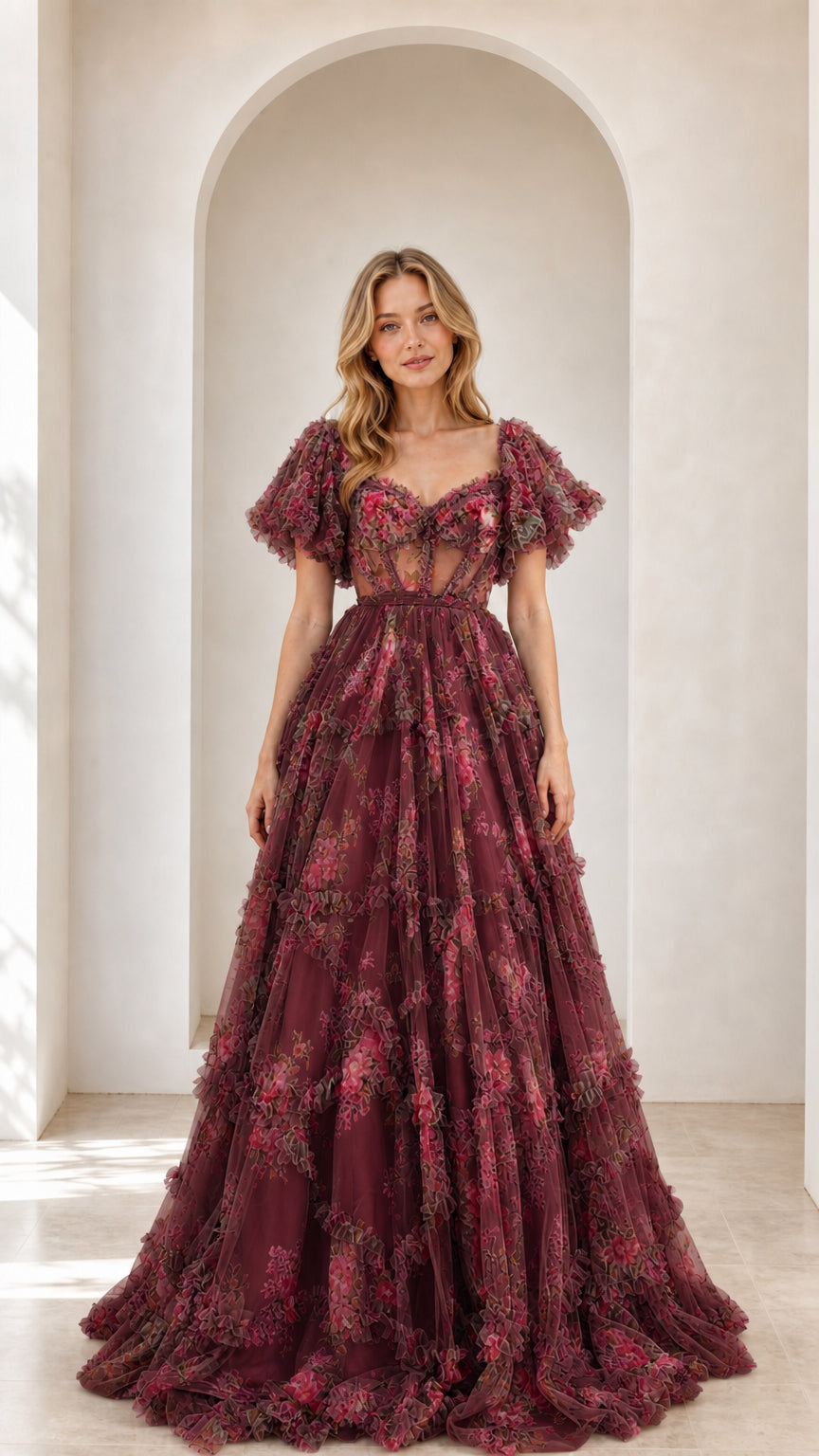 Full-length front view of burgundy wine floral ruffled tulle corset gown