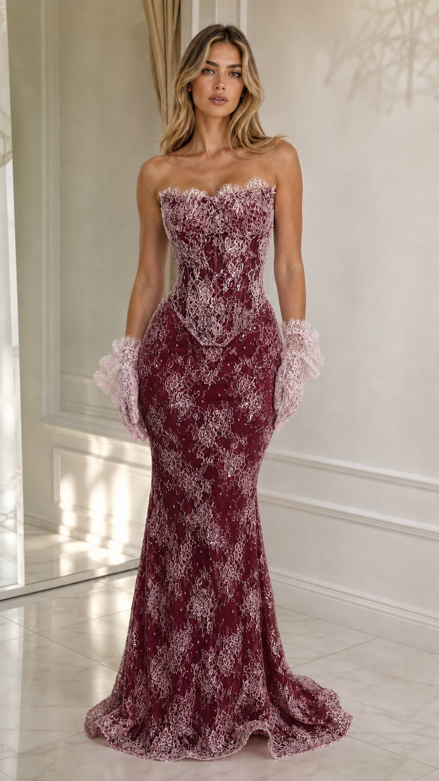 Burgundy strapless lace mermaid evening gown with matching gloves