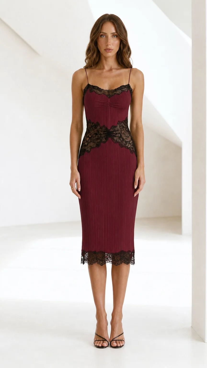 Front view of Burgundy lace trim midi cami dress