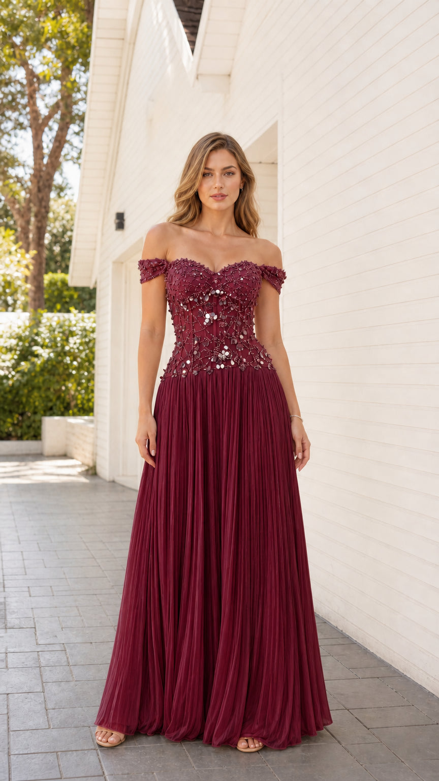 Front view of burgundy beaded corset evening dress