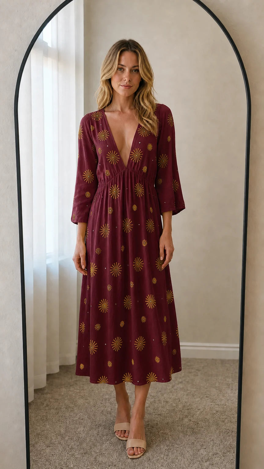 Front view of burgundy embroidered midi dress