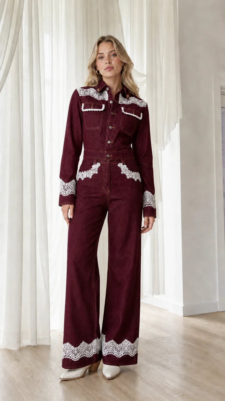 Model wearing burgundy western lace trim denim jumpsuit