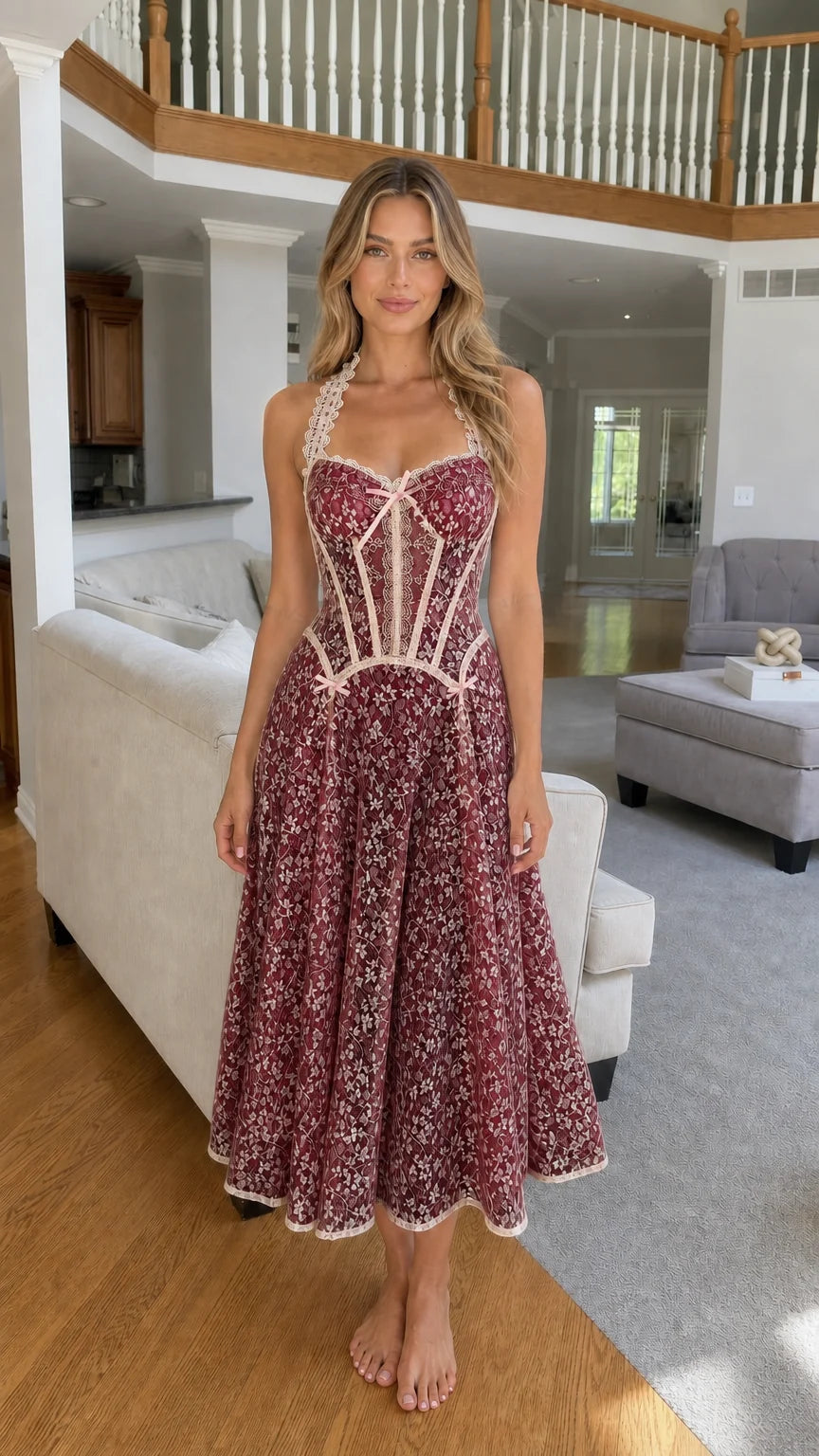 Woman wearing burgundy lace corset midi dress