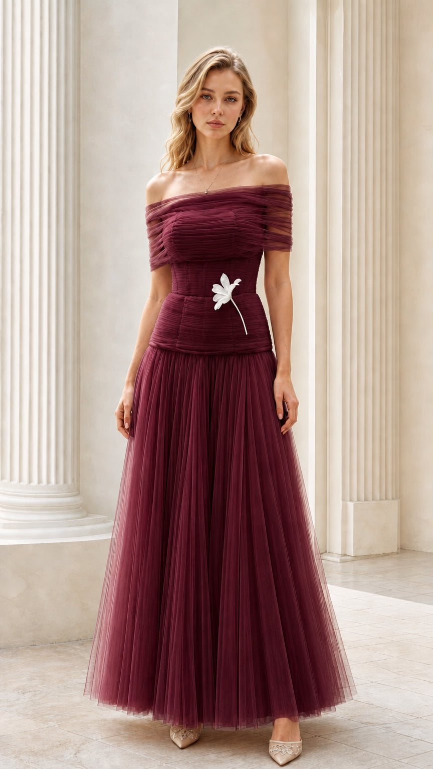 Full-length burgundy wine red tulle corset evening gown