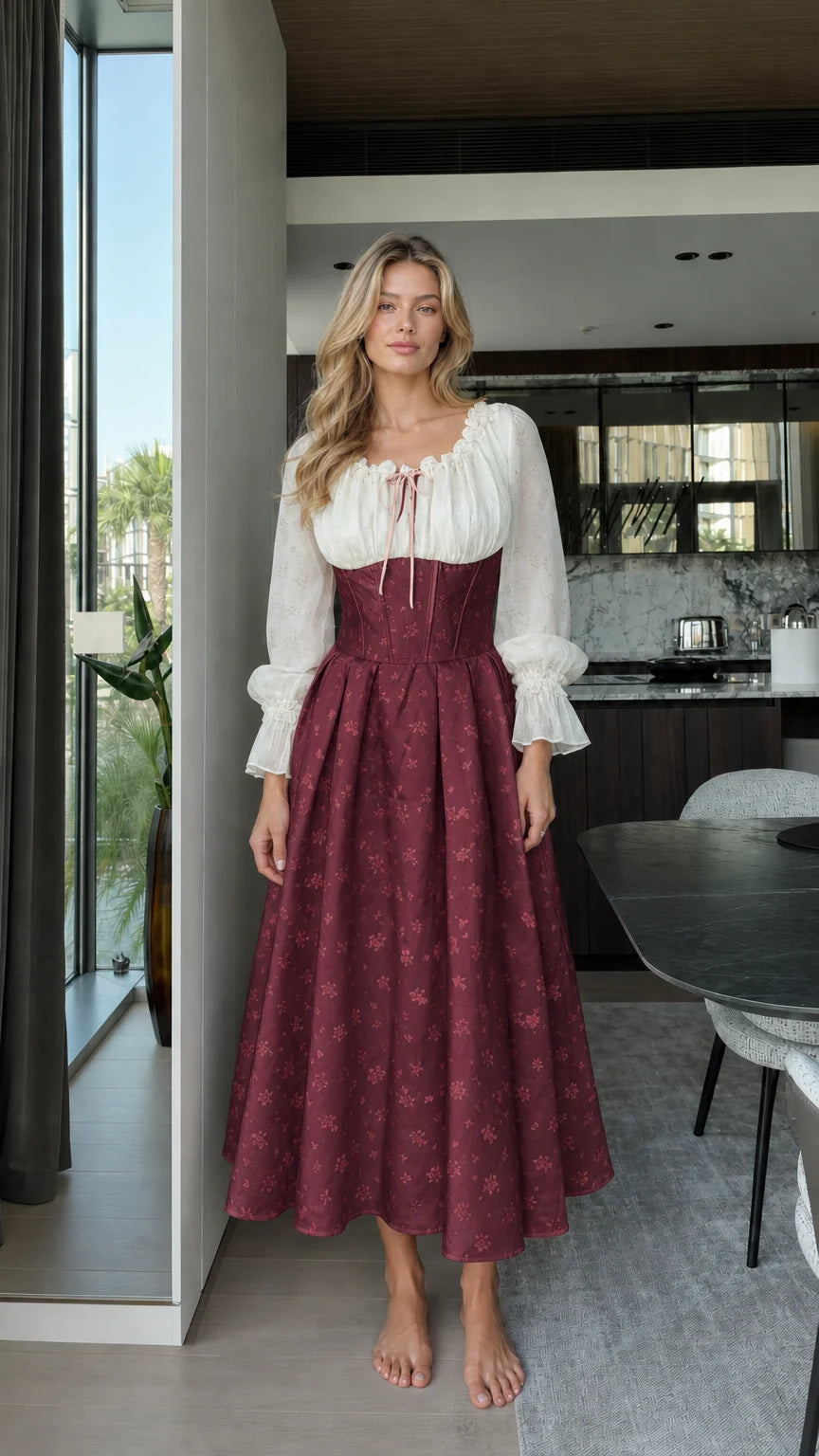 Full front view of model wearing burgundy vintage corset midi dress